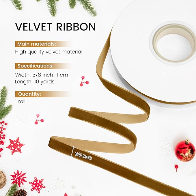 Khaki Velvet Ribbon, 3/8 inch 10 Yards Vintage Velvet Ribbons Perfect for Christmas Tree Ornaments, Gift Wrapping, Wedding Decoration, Bows, Sewing, Crafts, Wreath and More
