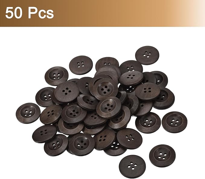 uxcell 50Pcs Wooden Buttons, 25mm(1") 4 Hole Round Wood Sewing Button Craft for Sewing DIY Craft Clothing, Dark Brown
