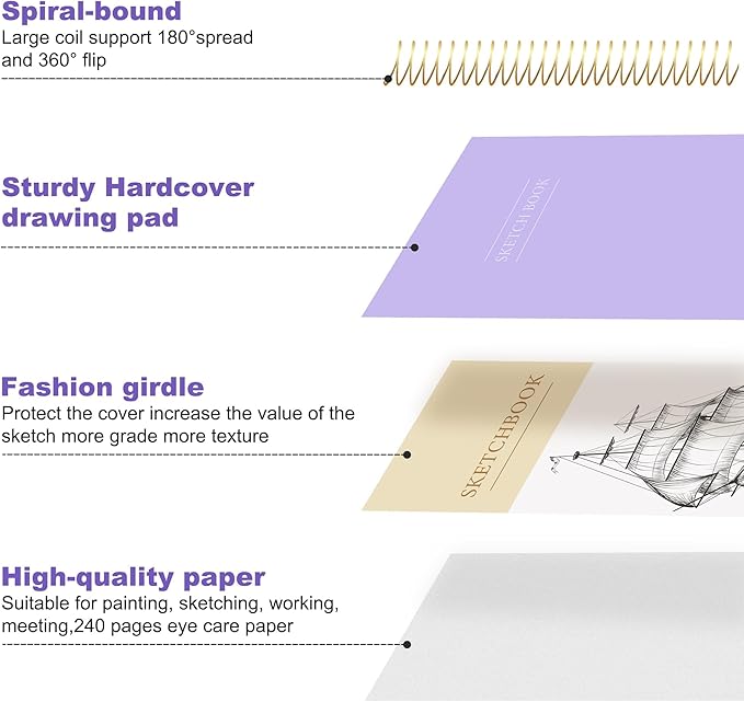 Yoment Sketch Book 9" x 12"： Spiral Bound Sketchbook for Kids Teens Adults Artists Beginners, School Supplies Art Supplies,240 Pages (68lb/100gsm) Premium Drawing Pad for Sketching Writing Painting