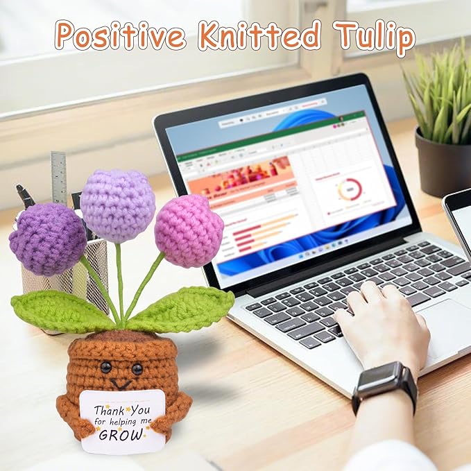 Positive Crochet Tulip Flower, Handmade Emotional Support Knitted Tulip Flowers Inspirational Gift for Women - Thank You, Appreciation, Positive Gift for Teacher, Mom, Friend, Coworker