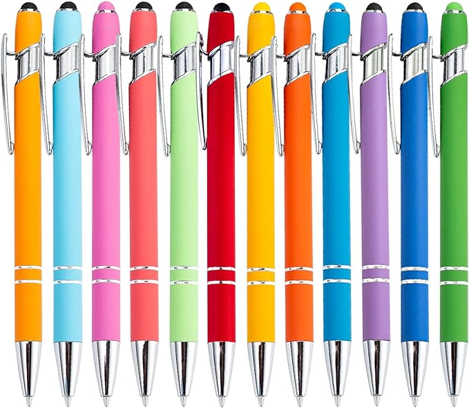 PASISIBICK 12 Pieces Rainbow Rubberized Soft Touch Ballpoint Pen with Stylus Tip, Stylish, Premium Metal Pen, Black Ink, Medium Point(Pack of 12)