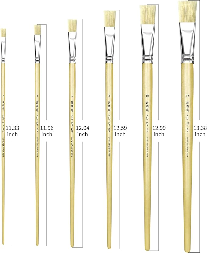 XDT#579 Flat Artist Paint Brush 6 Piece Set Medium Firm Square Wash Tip #2#4#6#8#10#12, Craft Face Body Paint Acrylic Oil Watercolor