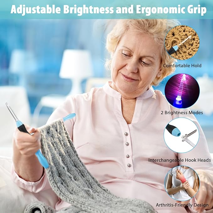Votris Light up Crochet Hook Set - 11 in 1 Lighted Crochet Hook Set for Beginners, Ergonomic Soft Grip, Rechargeable Light, Interchangeable Heads - Ideal Crochet Hooks Kit
