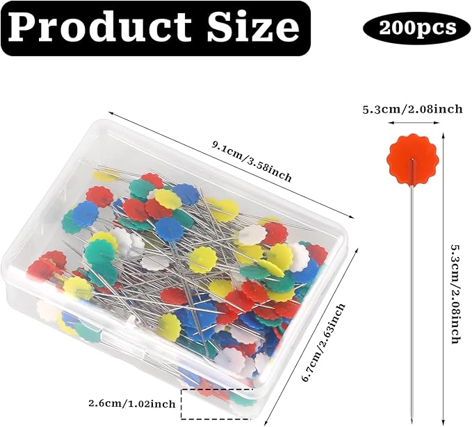 200pcs Flat Head Straight & Flower Head Pins - Sewing, Quilting & DIY Pins for Dressmaker & Jewelry Decoration