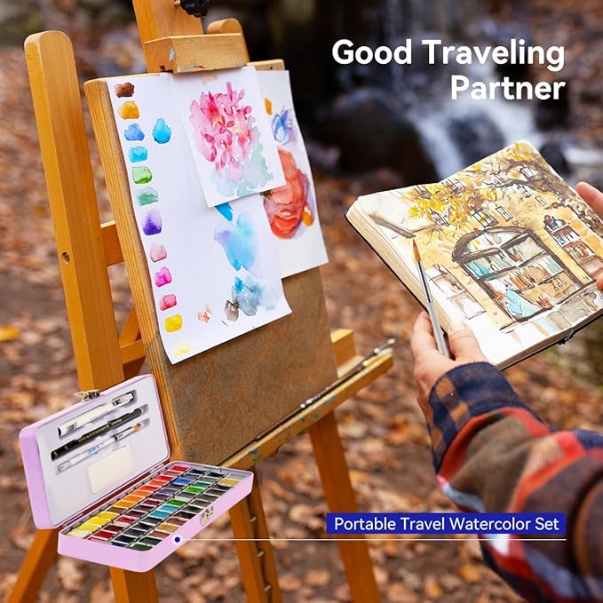 Travel Watercolor Set, 52 Colors Watercolor Paint with 1 Drawing Pencil, 1 Paint Brush, 5 Watercolor Paper, 1 Sponge & 1 Black Drawing Pen, Water Colors Paint Adults Set, Purple Case