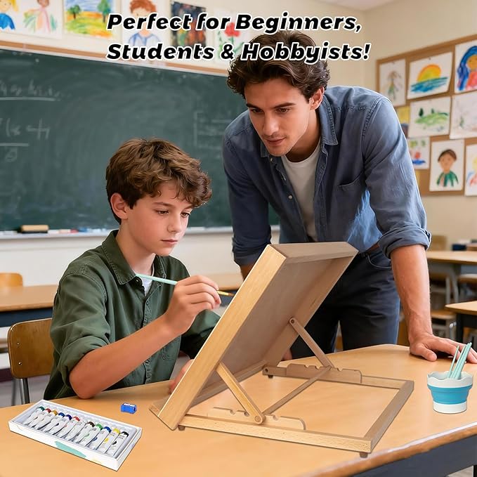 28PCS Tabletop Easel Set with 12 Acrylic Paints | 5 Brushes | 9x12 Canvas & 8x10 Panels | Palette | Sketchbook | Cleaning Bucket | Canvas Pad | Art Painting Kits for Adults, Kids & Artists