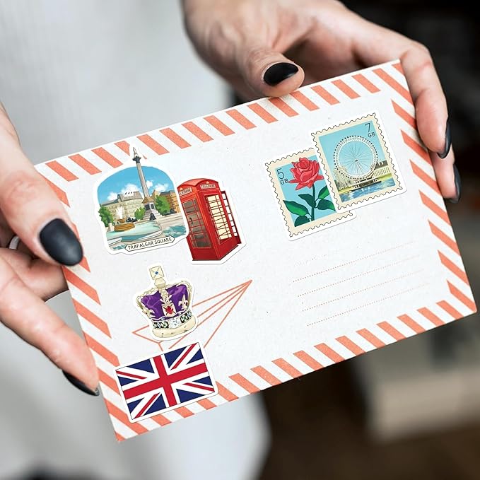 Navy Peony Bustling London Travel Stickers (28pcs) - Gouache Style, English-Themed Vacation Decals for Journals, Scrapbooks, Luggage, Water Bottle