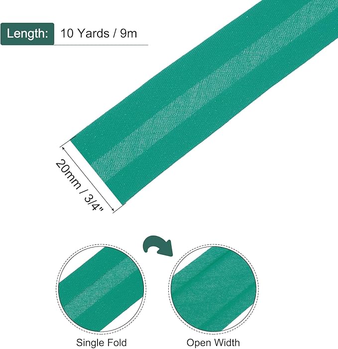MECCANIXITY 3/4 Inch Single Fold Bias Tape Cotton Continuous Bulk Bias Tape for Sewing, Seaming Quilting Hemming Binding Crafts (Dark Green 25 Yards)