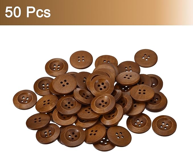 uxcell 50Pcs Wooden Buttons, 28mm(1 1/8") 4 Hole Round Wood Sewing Button Craft for Sewing DIY Craft Clothing, Coffee