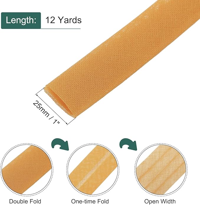 MECCANIXITY 1 Inch Double Fold Bias Tape Continuous Bulk Cotton Bias Tape for Sewing Seaming Quilting Hemming Binding Crafts (Dark Yellow 12 Yards)