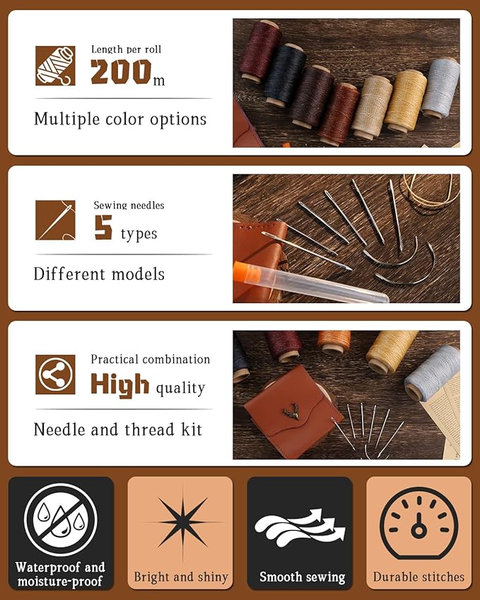 DIUDUS 218 Yards Waxed Thread, Leather Sewing Waxed Thread with Heavy Duty Sewing Needles, Leather Thread for Hand Stitching Leathercraft Repair Furniture Shoes Bags Sofa (Black)