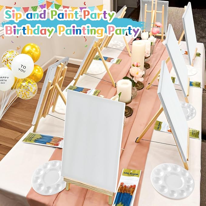 78 Pcs Painting Supplies-6*(16" Easels+11"x14"Stretched Canvases)+60 Brushes+6 Palettes,Paint Set for Paint Parties,Sip and Paint,Couples Painting Kits for Adults, Kids,Students,Artists,Beginner