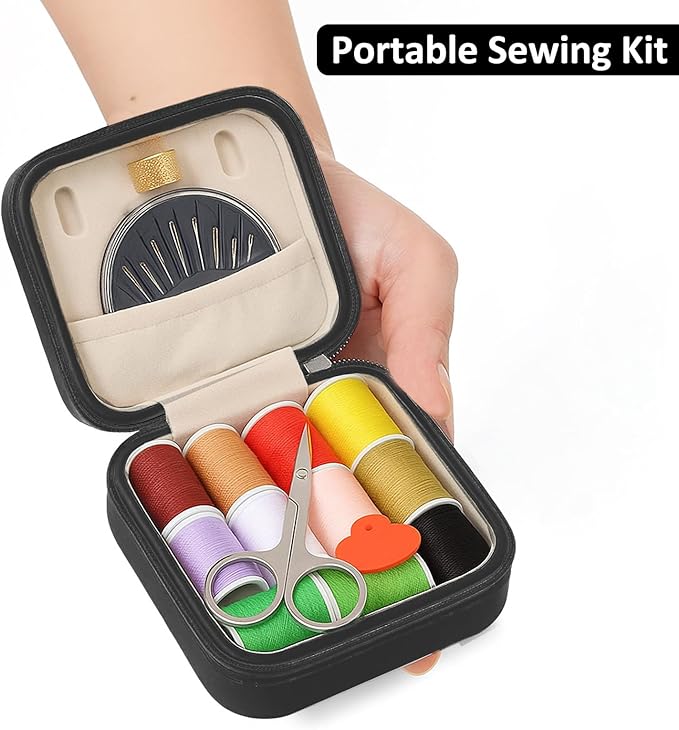 Saipe Portable Sewing Kit Basic Needle and Thread Kit for Beginners and Advanced Sewing Supplies and Accessories Stylish Case with Thread in 11 Colors, Scissors, Needles and Threader (Black)