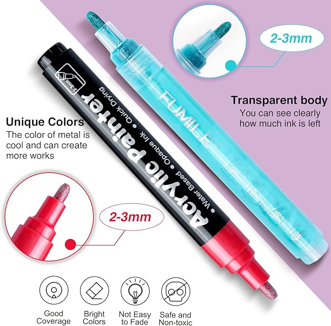 FUMILE 120 Color Acrylic Paint Marker, Include Metallic Color(28PCS),Blink Color(12 PCS),Classic Color(80PCS). Paint Markers Acrylic Marker Ideal for Rock, Wood, Metal, Plastic, Glass, Easter Egg.