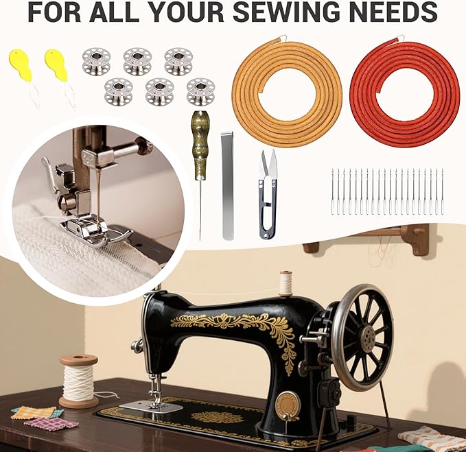 2 PCS Treadle Sewing Machine Belt, 72 Inch 3/16" Replacement Leather Belt with Hook for Singer/Jones Sewing Machine - 31 PCS Accessories Included