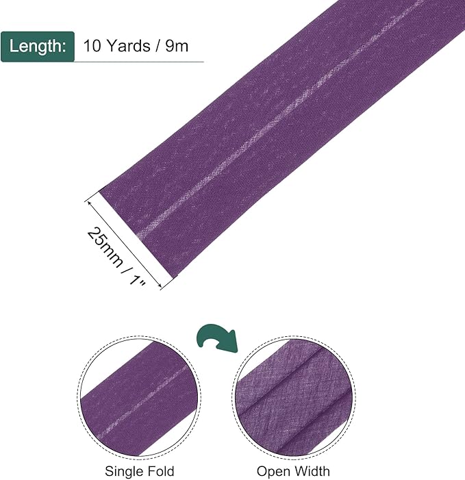 MECCANIXITY 1 Inch Single Fold Bias Tape Cotton Continuous Bulk Bias Tape for Sewing, Seaming Quilting Hemming Binding Crafts (Dark Purple 10 Yards)