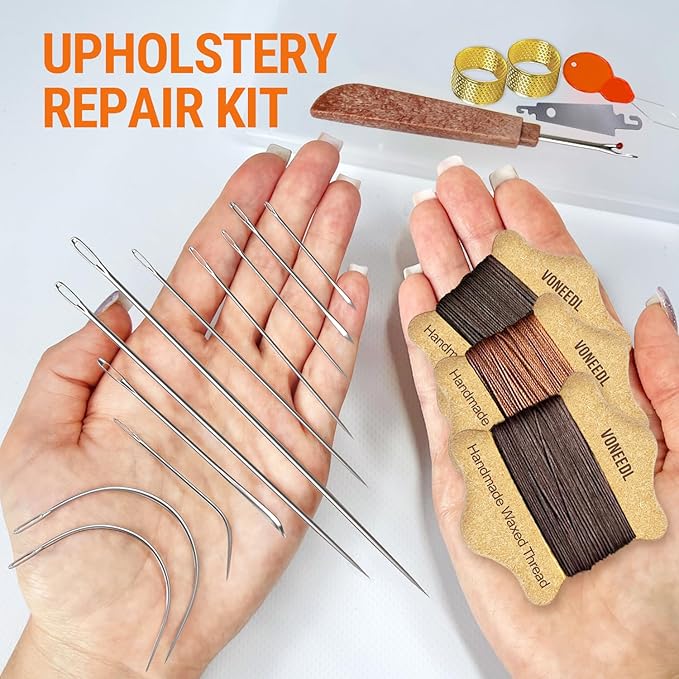 Upholstery Repair Kit: Waxed Sewing Thread (3 Rolls - Brown Color Range) & Heavy Duty Needles (11 PCS) for Leather, Canvas & Quilting Thread