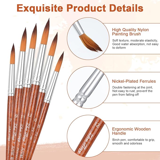 Watercolor Brushes, Round Pointed Tip Paint Brushes Set, 12 Pcs Different Sizes Paint Brushes for Watercolor Acrylics Ink Gouache Oil Tempera