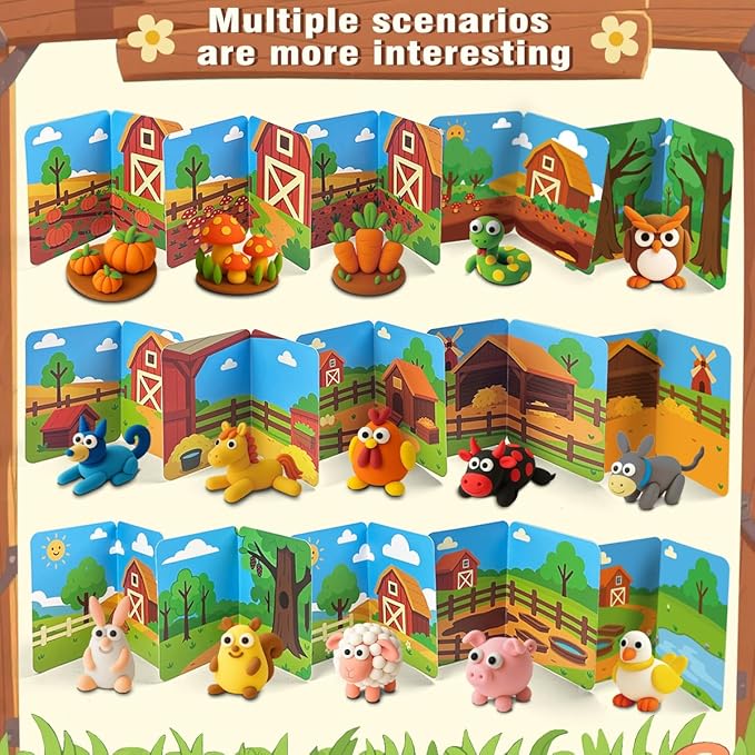 BEIREG Air Dry Clay for Kids - 15Pcs Farm Animals & Vegetables with Tutorial Scence Card, Ultra Soft, Safe Non-Toxic, DIY Modeling Magic Clay, School Projects Party Favors for Boys Girls Ages 3-12