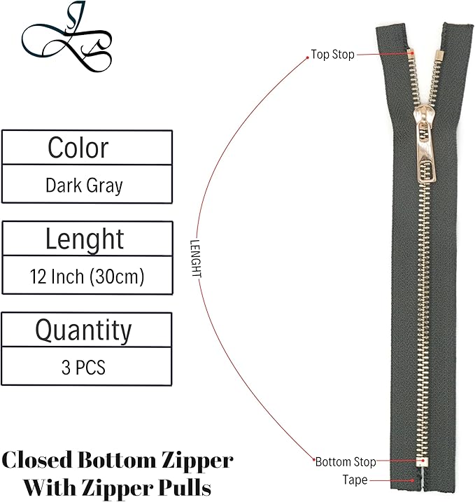 #5 Gold Metal Zipper - 50+ Colors - 3 PCS - (4-14 inches) Sizes - Luxury Lightweight Handcraft Metal Zippers with pulls for Purses Bags Pockets Shoes Sewing & Crafts DIY ZP025212
