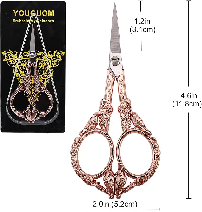 Sewing Embroidery Scissors – Small Vintage Sharp Pointed Tip Shears for Craft, Artwork, Handicraft DIY Tool, 4.6in Rose Gold Bird Style
