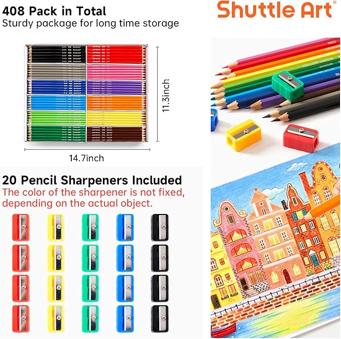 Shuttle Art 288 PCS Colored Pencils Bulk, 12 Assorted Colors, Pre-sharpened Colored Pencils for Kids with Sharpeners, Bulk Pack School Supplies for Teachers & Students