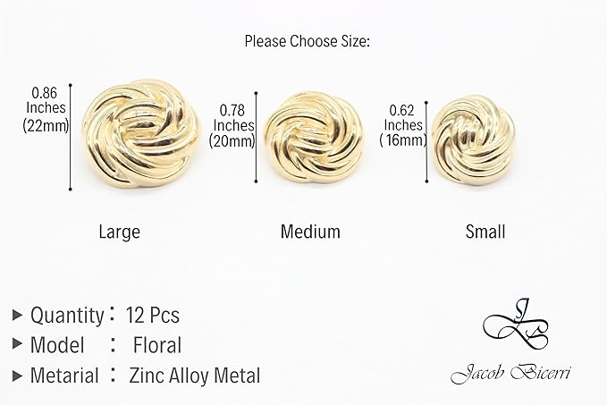 Floral Gold Metal Shank Buttons - 12 Pcs - 3 Size Options - Luxury Floral Round Wave Metal Shank Buttons for Men Women Blazer Coat Uniform Shirt Suit and Jacket Sewing Craft DIY FLR9333…