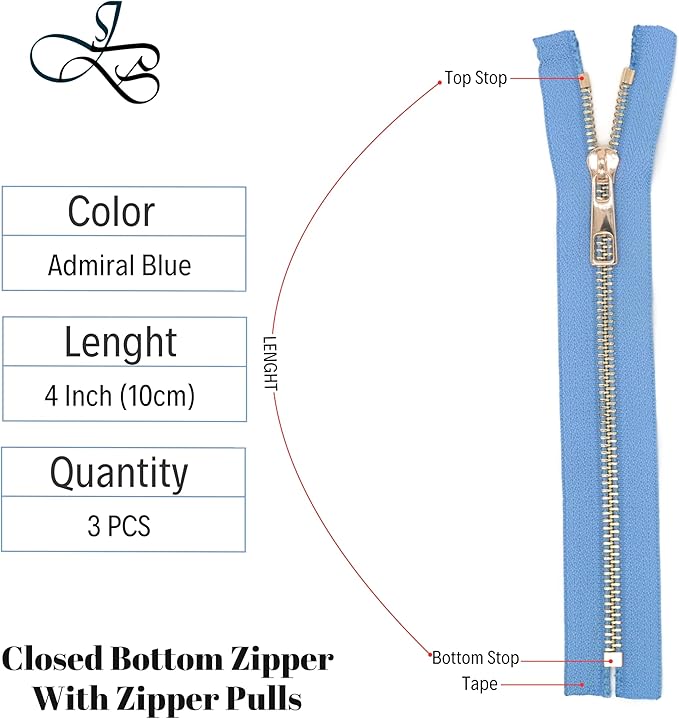 #5 Gold Metal Zipper - 50+ Colors - 3 PCS - (4-14 inches) Sizes - Luxury Lightweight Handcraft Metal Zippers with pulls for Purses Bags Pockets Shoes Sewing & Crafts DIY ZP02384