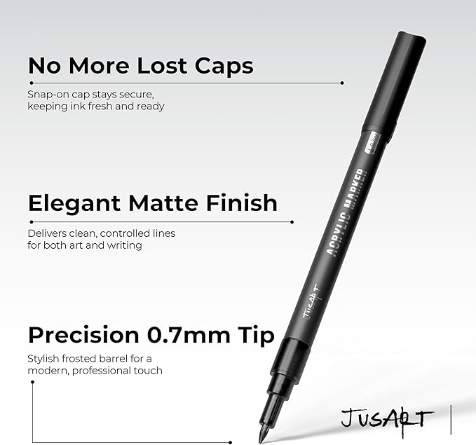 JusArt 6 Pack Black Acrylic Paint Markers, 0.7mm Fine Point Acrylic Paint Pens for Rock Painting, Art Projects, Ceramic, Glass, Wood, Metal, Fabric, DIY Crafts, Ideal Black Paint Pen for Art Supplies