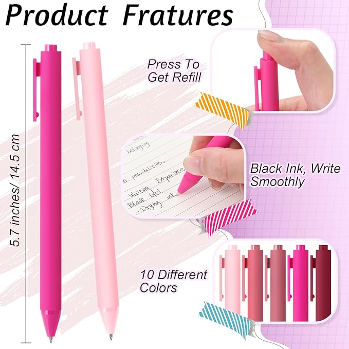 Crtiin 50 Pcs Gel Ink Pens Bulk, Black Ink 0.5mm Fine Point Retractable Pen Smooth Writing Office Supplies for Teacher Server Nurse Christmas Charity Donation Valentine (Pink Series)