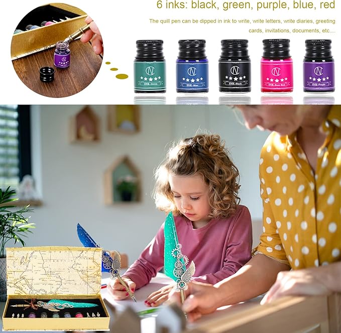 NC Quill Pen Ink Set, Feather Pen Includes 5 Bottles Ink and 6 Replaceable Stainless Steel Nibs, Mechanical Quill Calligraphy Pen for Writing, Letters, Invitations (Green)