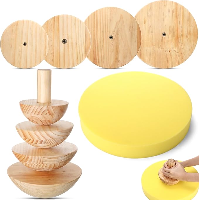 4 Pack Pottery Molds Plaster Molds Wood Pottery Tools with Handle Foam for Ceramic Top Forms DIY Bowls Plate Dish Slump Press Art, Hemispherical, 5.5'' 6.5'' 7.5'' 8.5'', Thickness 2.5''