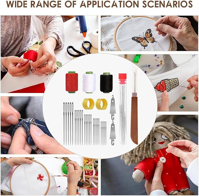 74Pcs Sewing Tool Set, Big Eye Steel Sewing Needle Kit, Threader and Needle Repair Kit Stainless Steel Needles for Hand Sewing with Thread Ripper Needle Threaders Threads and Thimbles Sewing Tool Set