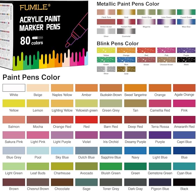 FUMILE Acrylic Markers Paint Pens, 80 Colors Paint Markers include Metallic Color (12 PCS), Blink Color (12 PCS) and Normal Color (56 PCS). For Rock,Metal,Plastic,Glass,Canvas,Ceramic,Wood,And More
