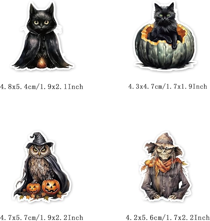 100 Pcs Black Cat and Witch Stickers, Horrible Pumpkin Stickers for Scrapbook, Junk Journal, Collages, Halloween Party Favors, Waterproof Vinyl Sticker for Laptop, Window, Water Bottles
