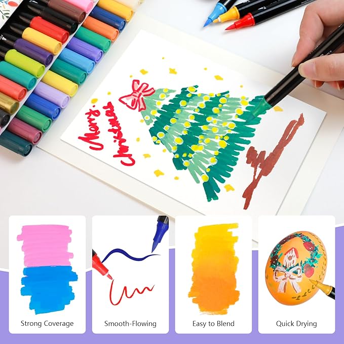 Artecho Acrylic Paint Markers 60 Colors, Acrylic Paint Pens with Brush Tip and Fine Tip for Stone, Rock Painting, Paper, Pumpkin, Wood, Egg, Canvas, Ceramic, Fabric, leather, Glass, DIY Crafts