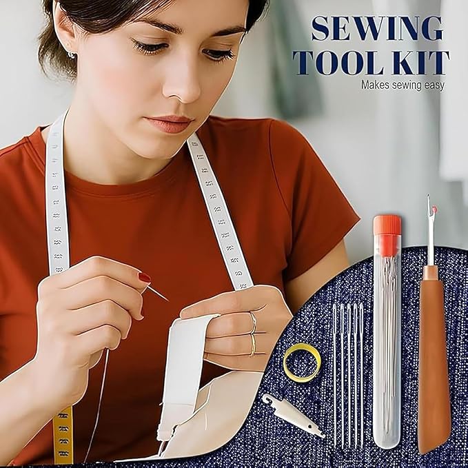 Big Eye Steel Sewing Needles Kit, 34PCS Big Eye Steel Needles Set - Long & Thin Handmade Quilting & Sewing Needles Kit, Portable Sewing Kit in Faux Leather Case, for DIY Sewing