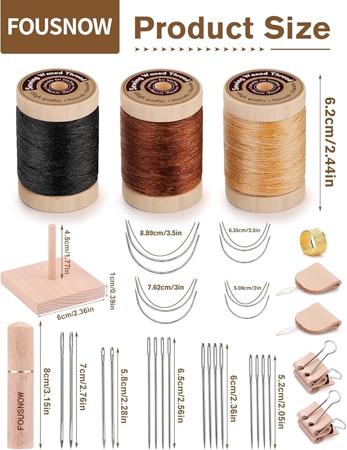 FOUSNOW Leather Sewing Kit, Leather Needles for Hand Stitching, Stitching Kit with Waxed Thread Upholstery Needle Binder Clips Heavy Duty Sewing Kit for Shoes Bags Canvas