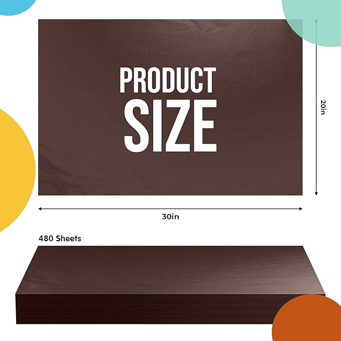 Party Solids Brown Tissue Paper for Gift Bags - 20" X 30" Bulk Tissue Paper Brown 480 Sheets 17 GSM - 10lb Newsprint for Packing, Birthday Gift Box Filler, Packing Supplies & Moving Supplies