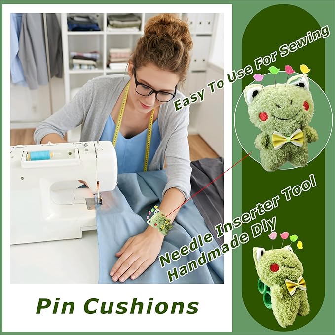Lovely Frog Wrist Pin Cushion Kit for Sewing with 50 Cute Bird Needles,Including Threader, Thimble ＆Tape Measure for Hand Sewing Cross Stitch Craft Knitting Quilting.