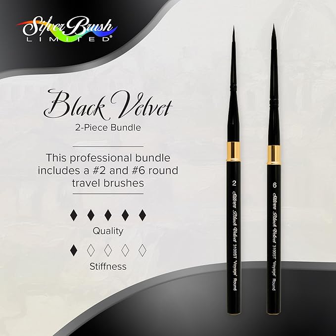 Silver Brush Limited BV-3060S Black Velvet 2pc Travel Round Set, Premium Short Handle Small Travel Round Brushes for Watercolor, Dyes & Silk Painting, Mixed Filament with Very Soft Tips, Sizes 2 & 6