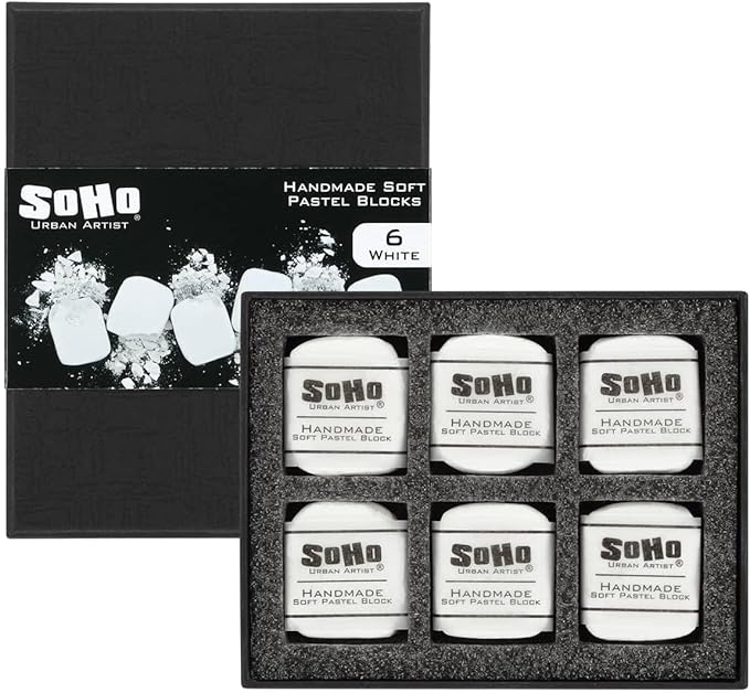 Soho Urban Artist Handmade Soft Pastel Blocks - White Set of 6 Professional Pastels - Velvety Colors for Toning Paper, Large-Scale Drawings, & Layering - Lightfast and Highly Pigmented