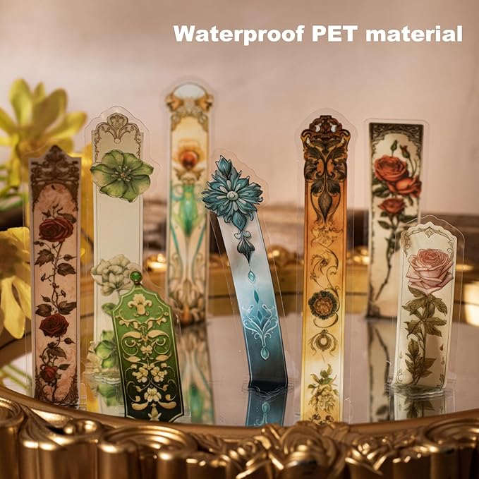 120PCS PET Strip Stickers, Gothic, Rose, Baroque, Emerald, Amber and Snow Style Designs in Vintage Aesthetic, Scrapbook and Journal Labels, Transparent Waterproof DIY Supplies