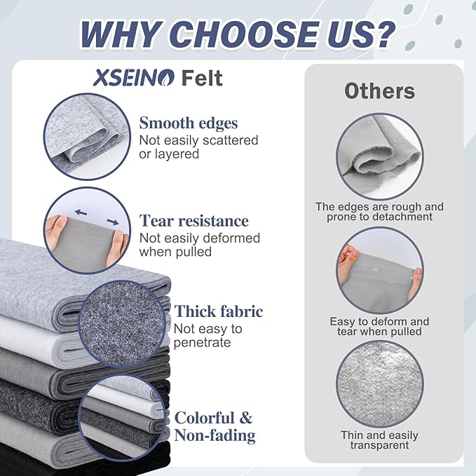 XSEINO 6 Rolls 12"x35" 1.4mm Thick Soft Felt Fabric Sheet 6 Assorted Black White Series Colors Felt Pack for DIY Craft Sewing Squares Nonwoven Patchwork