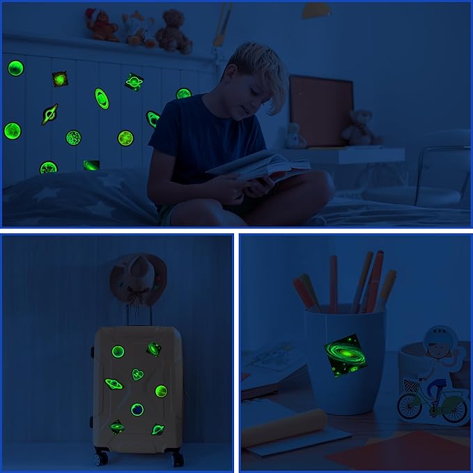 Glow in The Dark Neon Planets Water Bottle Stickers for Kids, 70 PCS Vinyl Space Waterproof Decals for Laptop Phone Case, Solar System Decor for Adults Kids Girls Boys