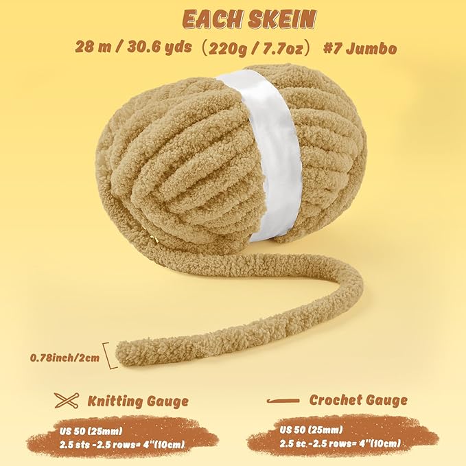 Inhand 12 Pack Chunky Chenille Yarn for Crocheting–30.6 Yards, 7.7oz, Soft Fluffy Thick Yarn,Gifts for Women/Grandma/Men Birthday Christmas Unique,Hand Knitting for Blankets&DIY Crafts (Khaki)