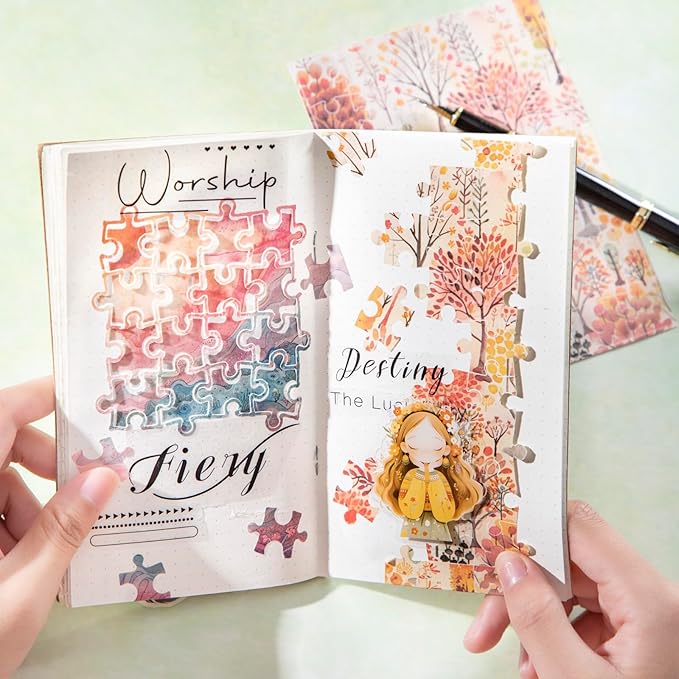 30 Sheets Pre-Cut Puzzle Washi Stickers, Seasonal Landscape Designs, Writable with Adhesive Backing for Scrapbooking, Bullet Journal, DIY Collage