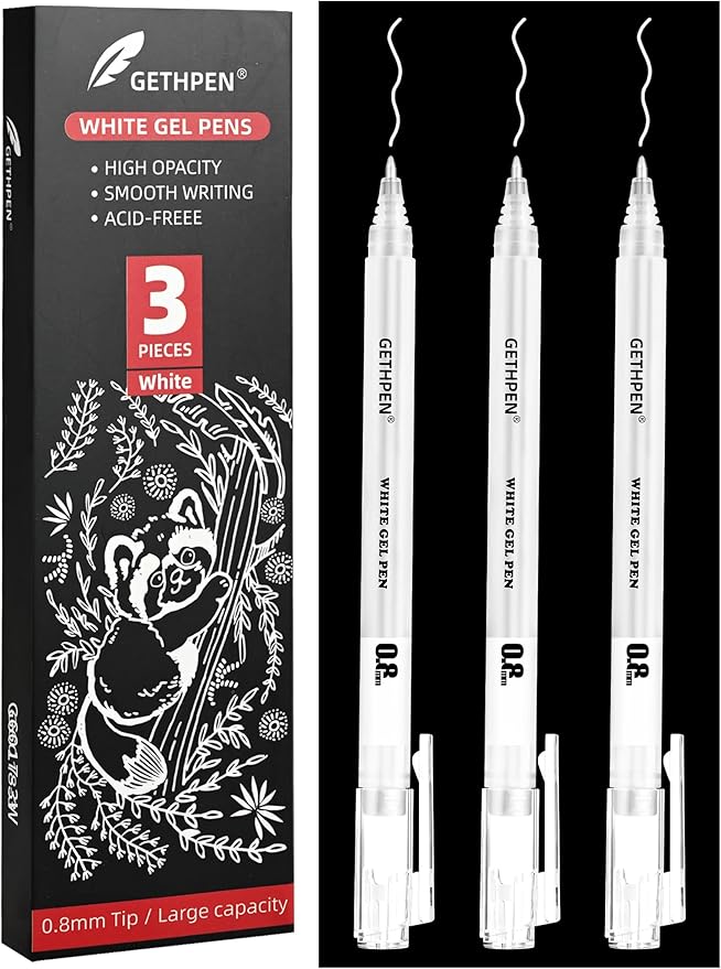 White Gel Pens, 0.8mm Fine Point Gel Ink Pen Set – 3 Pack Opaque Archival Ink for Black Paper Drawing, Sketching, Card Making & Bullet Journaling