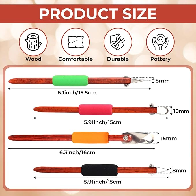 Lanties 4 Pcs Pottery Carving Tool Set Sculpture Scraper Craft Modelling Tools Red Pear Wood Texture Handle with Stainless Steel Blade for Clay Carving, Ceramic Sculpting, Graffito (Novel Color)