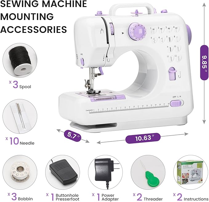 Sewing Machine for Beginners with 12 Built-in Stitches, Mini Sewing Machine with Foot Pedal, High-Low Speeds, Portable and Sewing Enthusiasts (505)